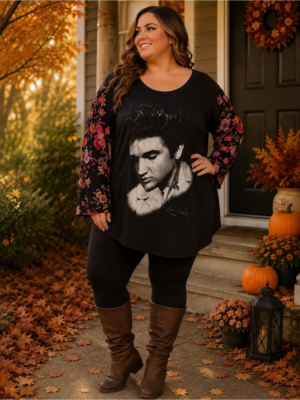 Black Long-Sleeve Graphic Tee with Floral Sleeves - Plus Size